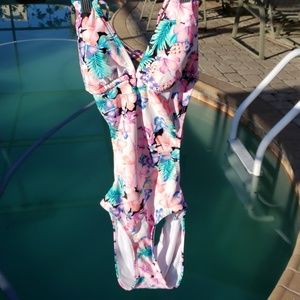 Open back bikini swim suit one piece floral strap